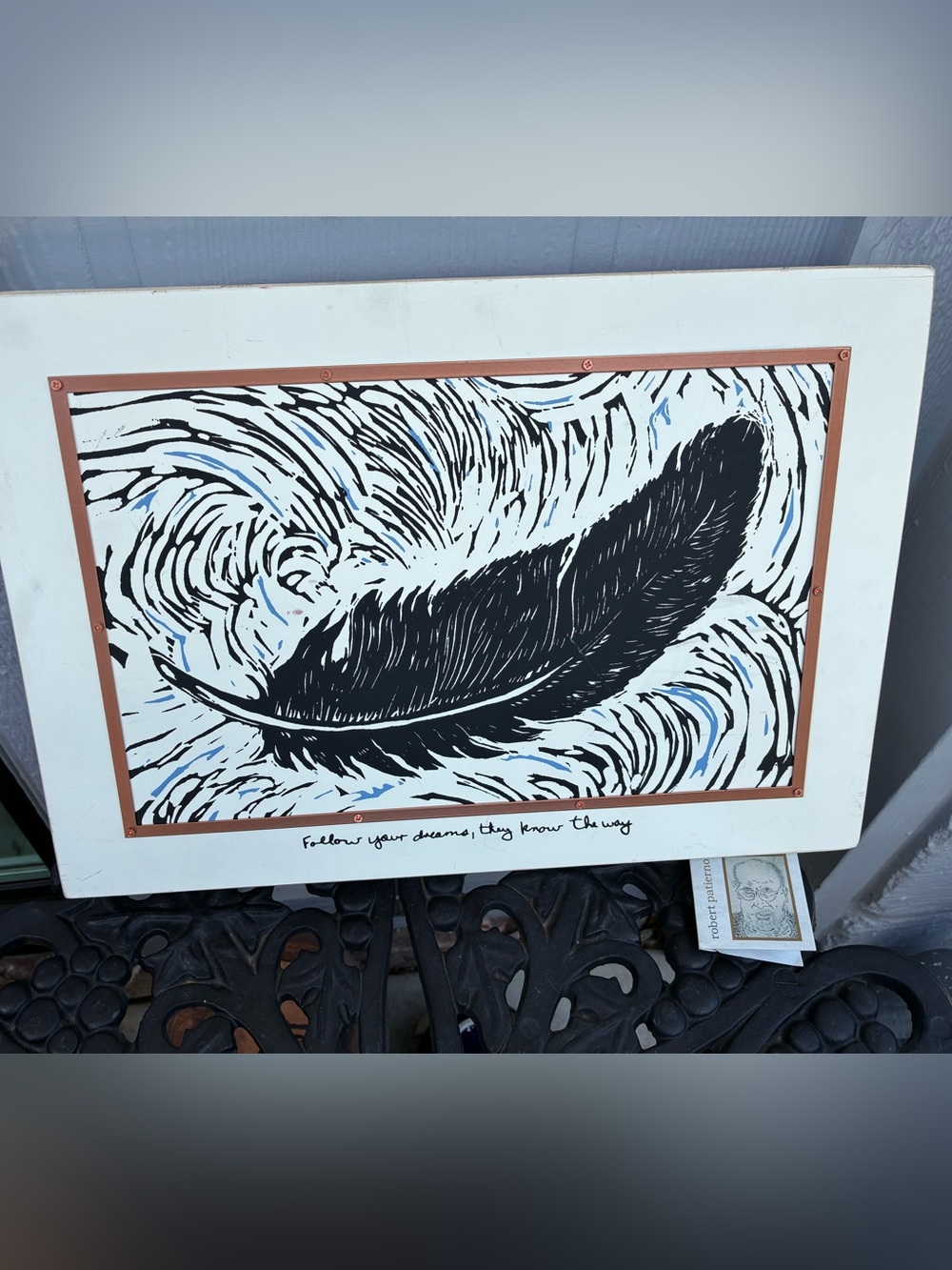 Primitives by Kathy Black and Light Blue Feather Art Print